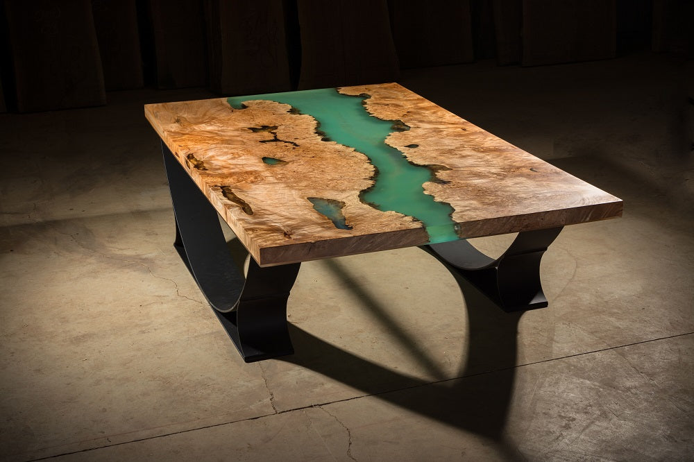 Live edge epoxy resin river dining table with led lighting and